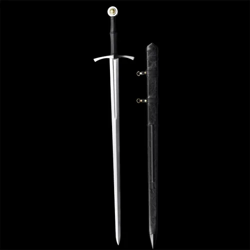 Vista 6 de Espada larga cruzada hecha a mano de 49 pulgadas con doble mano, remache de acero de resorte, hoja completa, espada de estilo medieval real