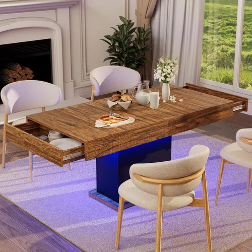 Vista 11 de Mesa de comedor de 55 pulgadas para 4 a 6 personas, mesa de comedor de madera de granja con cajones y almacenamiento abierto para cocina, comedor