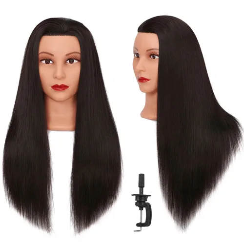 Vista 9 de Cabeza de maniquí 26-28" Cabeza de maniqui de fibra sintética Yaki para peluquería, modelo de entrenamiento de cosmetología, cabeza de muñeca
