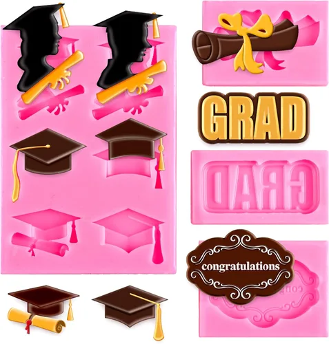 Vista 8 de Whaline Paquete de 4 moldes de silicona para fondant de graduación 2026, molde de diploma de felicitaciones, felicitaciones, dulces, chocolate