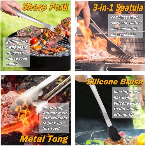 Vista 4 de Leonyo Juego de 6 herramientas para parrilla, juego de herramientas de barbacoa extralargas de 18 pulgadas, accesorios de parrilla de alta
