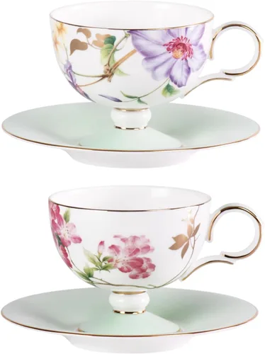 Vista 14 de KAMMAK Juego de 2 tazas de café de cerámica, tazas de café de porcelana con platillos, 6.52 onzas hechas a mano, elegante taza de té de porcelana