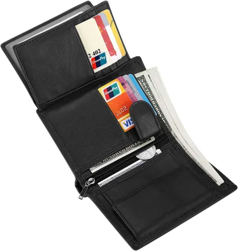 Vista 5 de Billetera Triple de Cuero Vacuno con Bloqueo RFID para Hombres, 10 Ranuras para Tarjetas, 2 Ventanas de Identificación con Bolsillo para Monedas