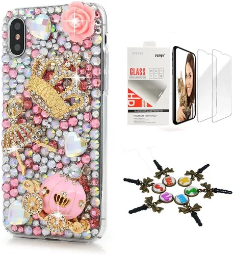 Vista 8 de Sparkle Funda compatible con iPhone 12, elegante funda 3D hecha a mano con diseño de mariposa, rosas, diamantes de imitación y purpurina