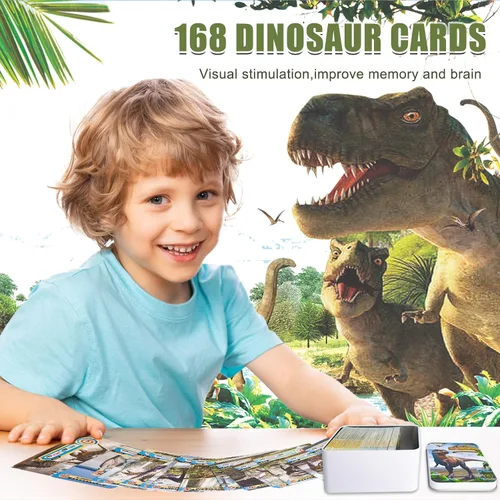 Vista 2 de Juego de 168 tarjetas de dinosaurio, tarjetas didácticas de aprendizaje, tarjetas coleccionables para niños, juegos de dinosaurios, juguetes