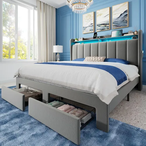 Vista 11 de Allewie - Marco de cama vertical tapizado con plataforma de tamaño matrimonial, con cabecera con almacenamiento de 2 niveles y luces LED, 2 cajones