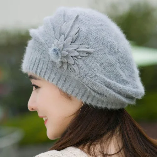 Vista 3 de Gorro de invierno para mujer, gorro de punto de lana, suave, elástico, grueso, lindo gorro de punto para clima frío