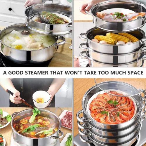 Vista 2 de Olla de acero inoxidable para albóndigas vegetales, olla de vapor multifuncional de 4 niveles para cocinar, diámetro de 11.0 in, juego de brillo