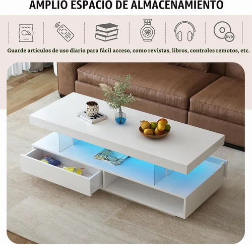 Vista 4 de LUMISOL Mesa de centro rectangular LED con cajón y estante, color blanco