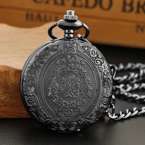 Vista 4 de Large Decorative Flower Pattern White Roman Numeral Scale Quartz Pocket Watches for Men with Chain