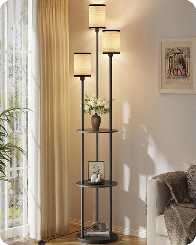 Vista 16 de Lámpara de pie con estantes, moderna lámpara de pie con 3 pantallas de lino e interruptor de pie, lámpara de pie de 3 luces, para sala de estar