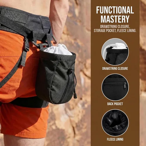 Vista 2 de Bolsa de tiza para escalar, con bola de tiza, bolsa de tiza negra ajustable para equipos de escalada en roca