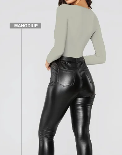 Vista 74 de MANGDIUP Body esencial para mujer, cuello redondo, manga larga, ajustado, elástico, de algodón y elastano