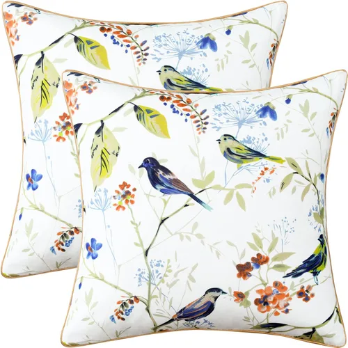 Vista 20 de VOGOL - Funda de almohada texturizada de lino, 18 x 18 pulgadas, estilo granja, para sofá, cama y habitación, con diseño de pájaros y hojas beige