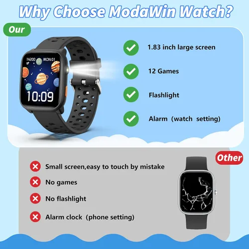 Vista 6 de Reloj inteligente para niños con juegos de rompecabezas, relojes para niños de 1.83", monitor de ritmo cardíaco, monitor de sueño, podómetro, reloj