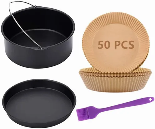 Vista 2 de Accesorios para freidora de aire, barril de pastel de 7 pulgadas, bandeja para pizza, 50 piezas de papel de hornear y cepillo de silicona para Ninja
