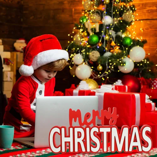Vista 4 de 2 letreros de madera de Navidad con texto en inglés "Merry Christmas", centro de mesa, decoración de ventana de Navidad, bloques de adornos