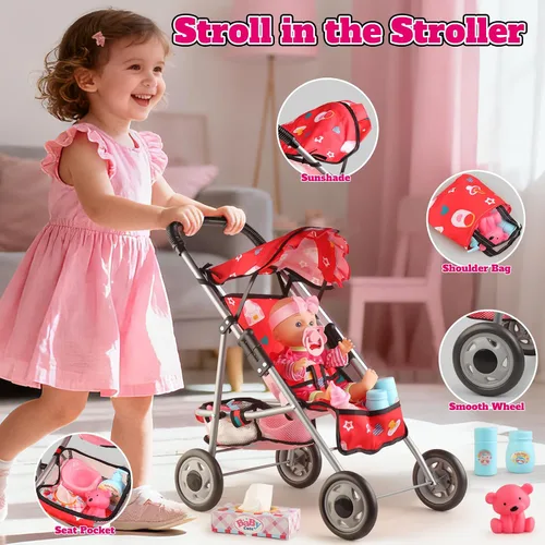 Vista 5 de Juego de Cochecito de Muñeca Bebé - Una Muñeca Bebé de 12.5" con Accesorios para Muñecas y 2 Juegos de Ropa, Cochecito de Muñeca para Niños Pequeños