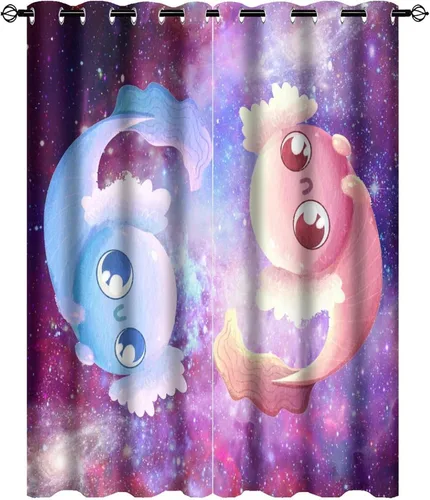Vista 39 de Cortinas abstractas de ajolote con diseño de galaxia colorida y peces, con aislamiento térmico, oscurecimiento de habitación completa, para sala