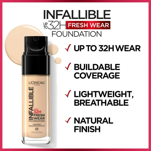 Vista 3 de L'Oreal Paris Maquillaje Infallible - Base ligera de maquillaje resistente hasta 32 horas, tono 390 Rosa Perla, 1 fl oz, el empaque puede variar