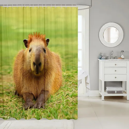 Vista 2 de Capybara - Cortina de ducha 3D Capybara para amantes de Capybara, divertida cortina de ducha de baño Capybara, cortinas de baño impermeables de tema