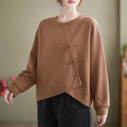 Vista 6 de MengXingHe Sudadera con botones de placa de estilo chino para mujer, sudadera con capucha de cuello redondo irregular informal suelta y manga larga