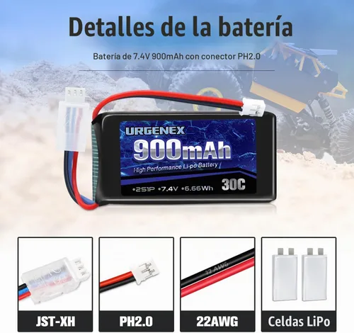 Vista 3 de SCX24 Batería 7.4V Lipos 2S 30C (Ráfaga 60C) 900mAh Batería de Litio Recargable con Enchufe PH2.0 Compatible con la mayoría de coches RC, camiones