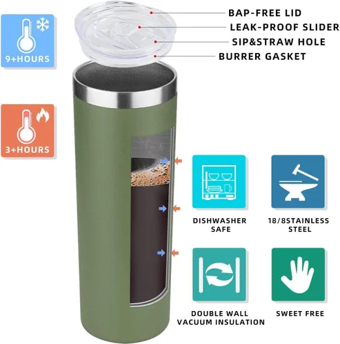 Vista 3 de HASLE OUTFITTERS Juego de vasos delgados de 20 onzas a granel, vasos delgados aislados de acero inoxidable con tapas, tazas de café reutilizables