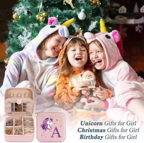 Vista 3 de Parima Organizador de joyas de viaje de unicornio - Pequeño joyero rosa con inicial para niñas y mujeres Regalo de cumpleaños personalizado Idea