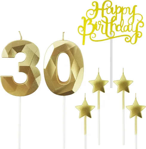 Vista 30 de Velas de cumpleaños doradas con número 20 y velas de estrella de cumpleaños de 7 cm Velas para pastel de cumpleaños en forma de diamante 3D son
