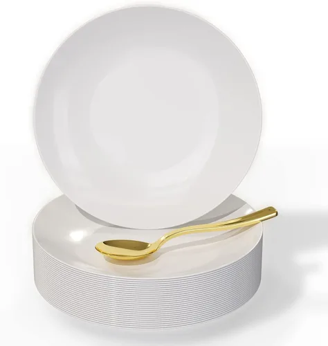 Vista 10 de Trendables Platos de postre desechables de 120 quilates con cucharas doradas (sirve para 60 personas), platos de plástico pequeños negros
