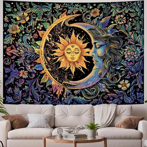 Vista 3 de Tapiz de sol y luna, psicodélico, místico, floral, hippie, bohemio, flores, tapices de pared, tapices estéticos vintage para colgar en la pared