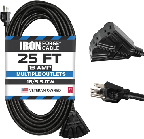 Vista 13 de Iron Forge Cable Cable de extensión negro de 6 pies con 3 tomas de corriente, SJTW de 16/3, cable de extensión de 6 pies, 3 clavijas, resistente a