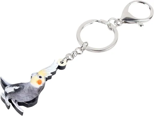 Vista 3 de BONSNY Llavero de acrílico gris cacatúa loro pájaro llavero para automóvil bolsas para amantes de los pájaros regalos de animales