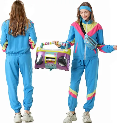 Vista 3 de Conjunto deportivo retro de los años 80 para mujer, rompevientos de los años 90, conjunto deportivo con chaqueta y pantalones deportivos