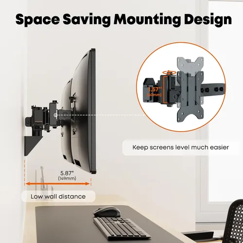Vista 3 de Soporte de pared para monitor doble para 24-38 pulgadas, brazo de monitor de montaje en pared doble ultraancho, configuración de pared empotrada