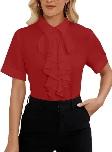 Vista 18 de Vrtige Women's Ruffle Front Collar Neck Button Down Short Sleeve Blouse Shirt Top