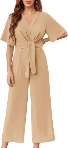 Vista 13 de GAMISOTE Enterizo de pierna ancha para mujer, manga corta, nudo frontal, overol largo de verano Beige