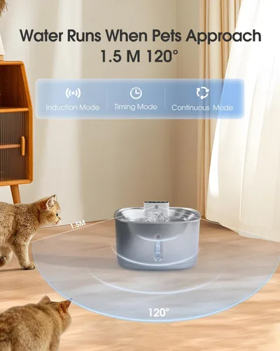 Vista 6 de Fuente de agua inalámbrica para gatos de acero inoxidable, fuente de agua inteligente para mascotas, 3.2L/108 onzas con filtros y 2 cabezales