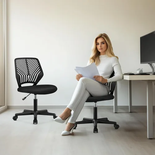 Vista 7 de Yaheetech Silla de oficina ergonómica de malla sin brazos, silla giratoria de respaldo medio con ruedas, silla de estudio de altura ajustable