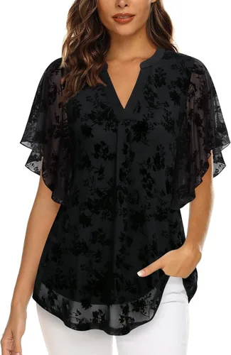 Vista 2 de Timeson Blusas de manga corta con cuello en V para mujer, camisas florales de doble capa de malla