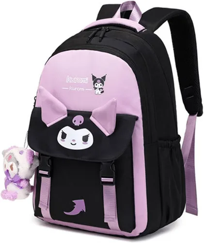 Vista 4 de Linda mochila de 2 piezas para mujer, mochila casual para viajes, mochila casual de gran capacidad de 18 pulgadas con colgante de felpa, Púrpura