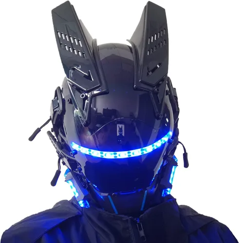 Vista 2 de Máscara gótica punk, máscara Techwear, casco de Halloween Cosplay Tech con luz LED Azul