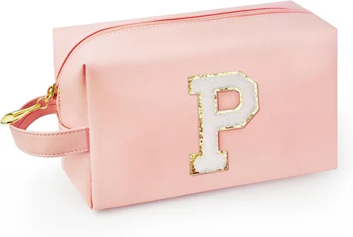 Vista 68 de Bolsa de maquillaje personalizada con inicial con asa, bolsa de cosméticos de preparación con bolsillo interior con cremallera, 8, 9, 10, 11, 12 Rosa