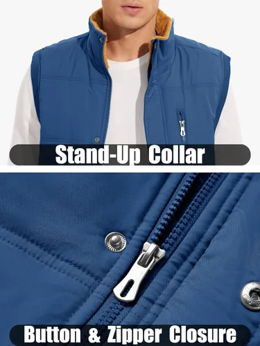 Vista 4 de MAGCOMSEN Chalecos de abrigo para hombre, con cremallera completa, sin mangas, con forro polar, chaleco acolchado con cuello alto