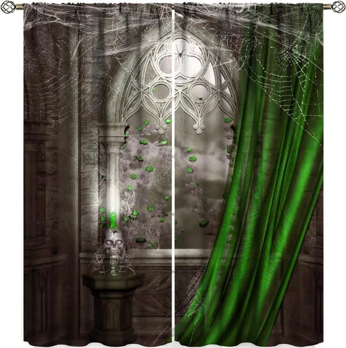 Vista 12 de Cortinas opacas góticas, diseño de calavera de terror de palacio retro, fondo de rosas rojas, sala de estar, dormitorio, cocina, cortinas de ventana