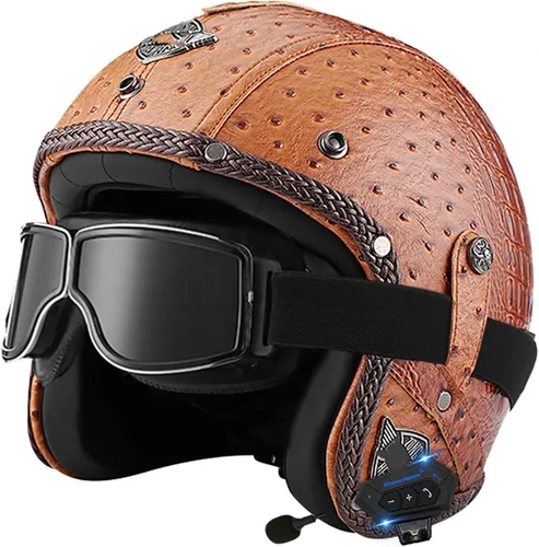 Vista 13 de Casco retro de motocicleta con Bluetooth, casco de cuero Jet con gafas personalizadas, medio casco de motocicleta 3/4 aprobado por DOT, casco