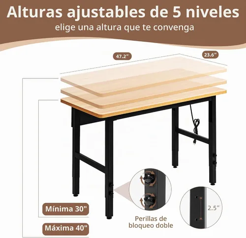 Vista 3 de Banco de trabajo ajustable de 48" con tomas de corriente y 5 ajustes de altura