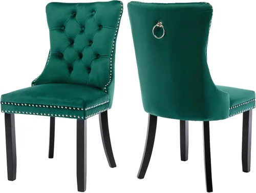 Vista 103 de Juego de 2 sillas de comedor de terciopelo, silla de comedor tapizada de alta gama con tirador de anillo en la espalda, adorno de clavos y patas