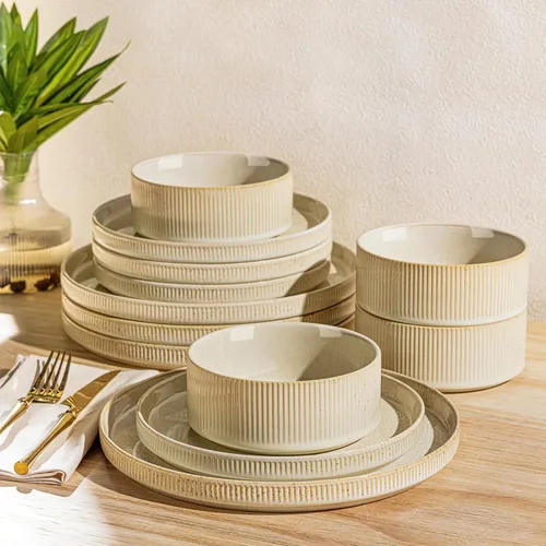 Vista 31 de TheTerra Juego de vajilla de cerámica para 4, juego de 12 platos y cuencos ligeros de porcelana, resistente a los arañazos, apto para horno